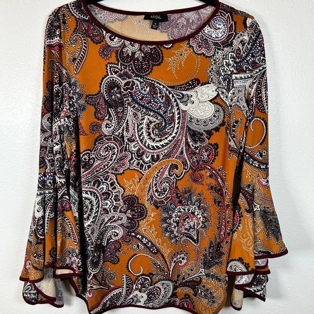 MSK Womens Top Medium M Brown Orange Gold Paisley Bell Sleeve Boho Gypsy Blouse